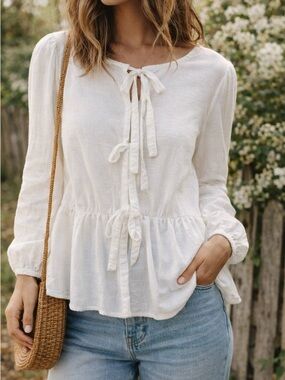 Zesica White Tie Front Babydoll Top Cottagecore Peplum Button Front L